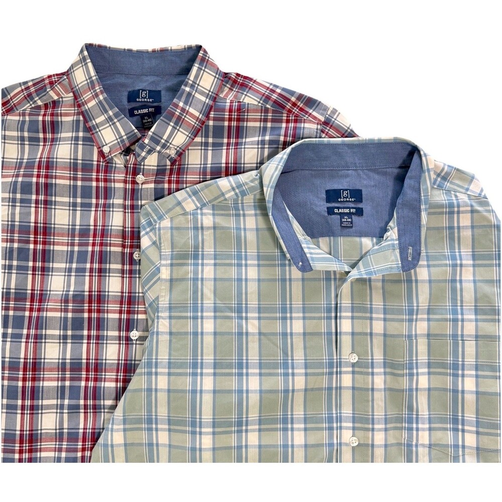 Lot Of 2 Men's Classic Fit Button Down Shirt Red Green Check Long Sleeve Size XL